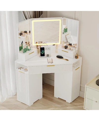 gaomon Fluted Wood Corner Vanity Desk with Lighted Mirror, Drawers, Cabinets and Charging Station