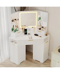 gaomon Fluted Wood Corner Vanity Desk with Lighted Mirror, Drawers, Cabinets and Charging Station