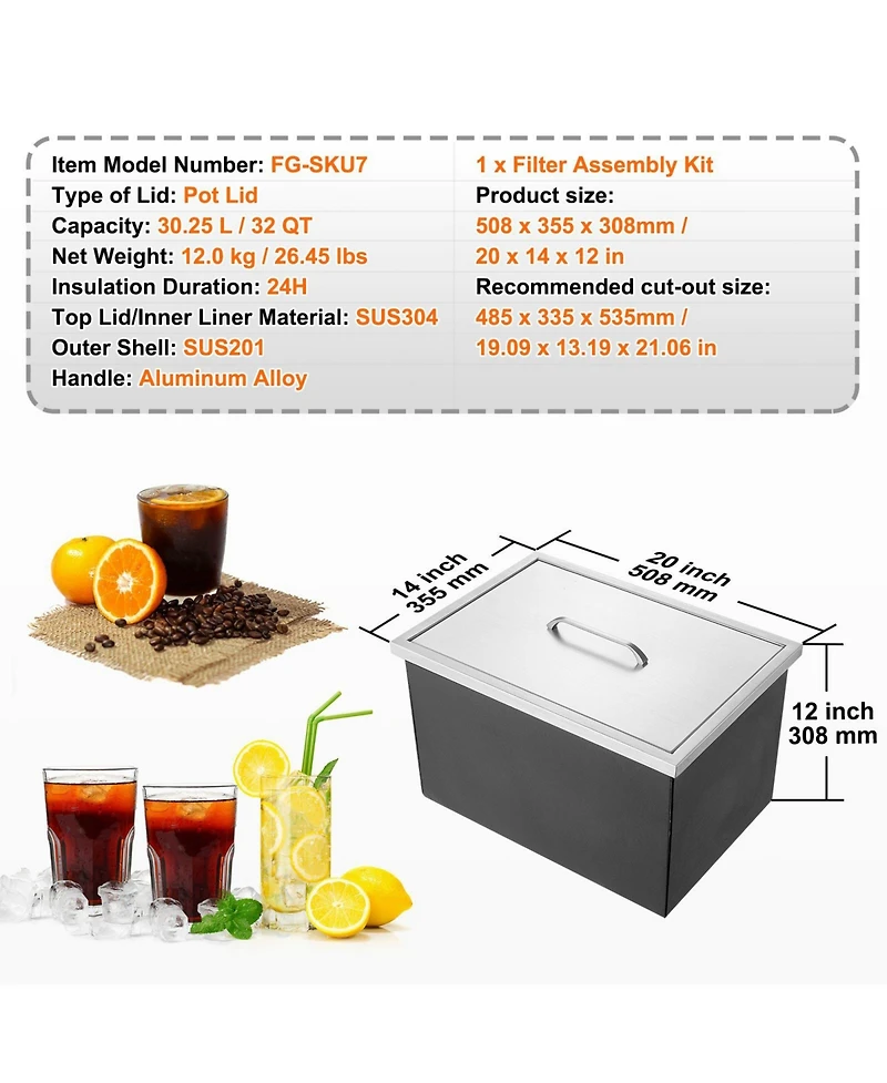 Mecale 20 x 14 x 12 Inch Drop-In Stainless Steel Ice Chest, 40 Qt with Lid