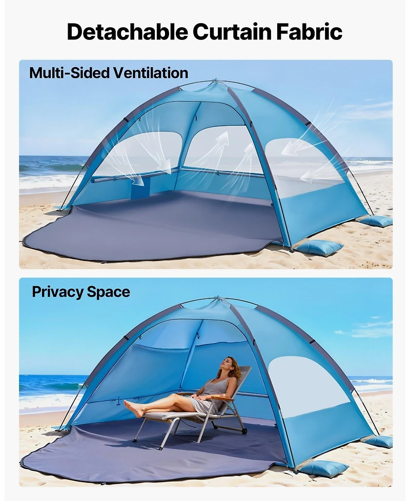 Mecale 4-Person Beach Tent Sun Shelter with Upf 50+ Protection and Sand Pockets