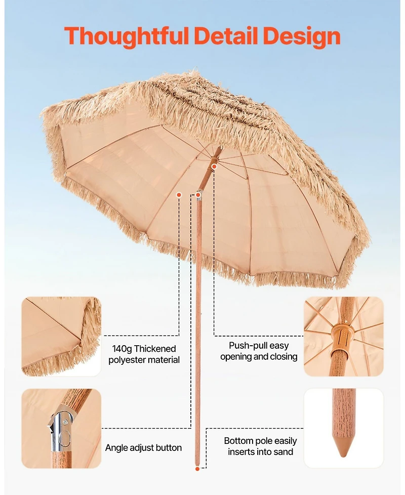 Mecale 8 Ft Thatched Tiki Patio Umbrella with Tilt and Metal Ribs