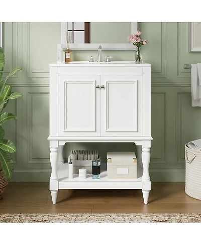 Sillysis 24" Bathroom Vanity with Ceramic Sink, Solid Wood Legs, Carved Palace Style Cabinet, Open Shelf for Small