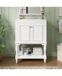 Sillysis 24" Bathroom Vanity with Ceramic Sink, Solid Wood Legs, Carved Palace Style Cabinet, Open Shelf for Small