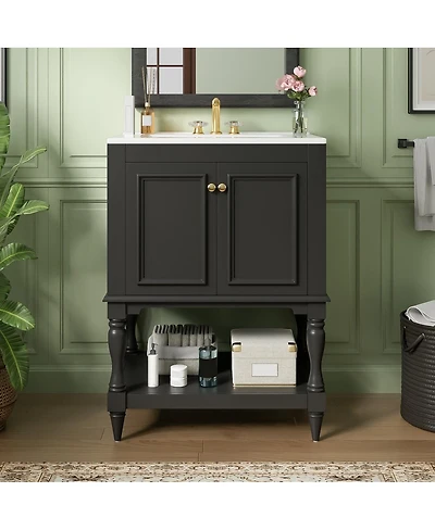 Sillysis 24" Bathroom Vanity with Ceramic Sink, Solid Wood Legs, Carved Palace Style Cabinet, Open Shelf for Small
