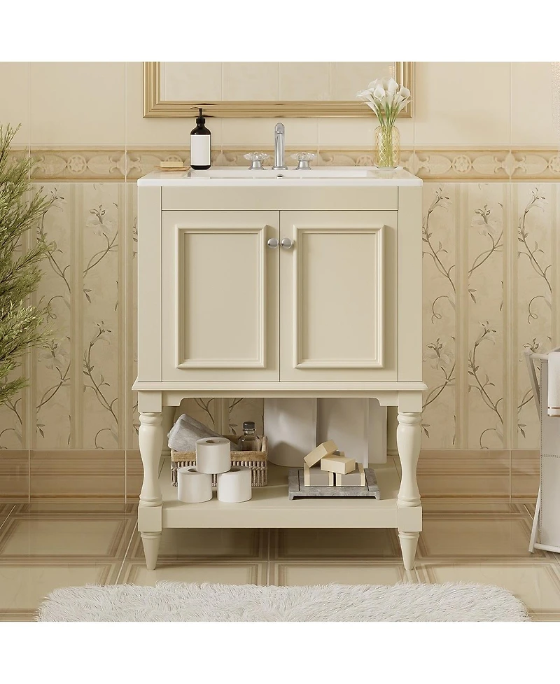 Sillysis 24" Bathroom Vanity with Ceramic Sink, Solid Wood Legs, Carved Palace Style Cabinet, Open Shelf for Small