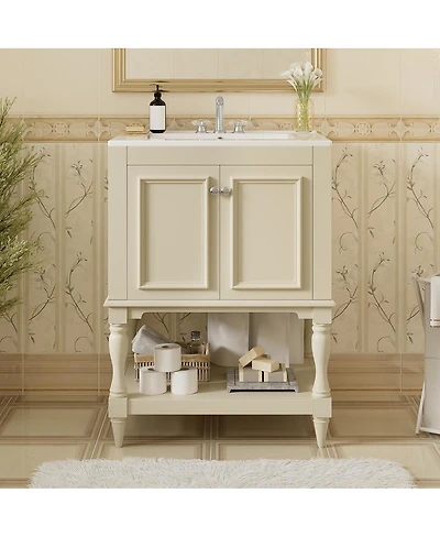 Sillysis 24" Bathroom Vanity with Ceramic Sink, Solid Wood Legs, Carved Palace Style Cabinet, Open Shelf for Small