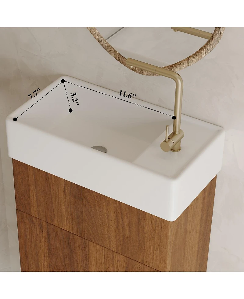 Sillysis 17.6" Small Floating Bathroom Vanity with Ceramic Sink, Walnut Wall Mounted Soft-Close Cabinet for Small Bathroom