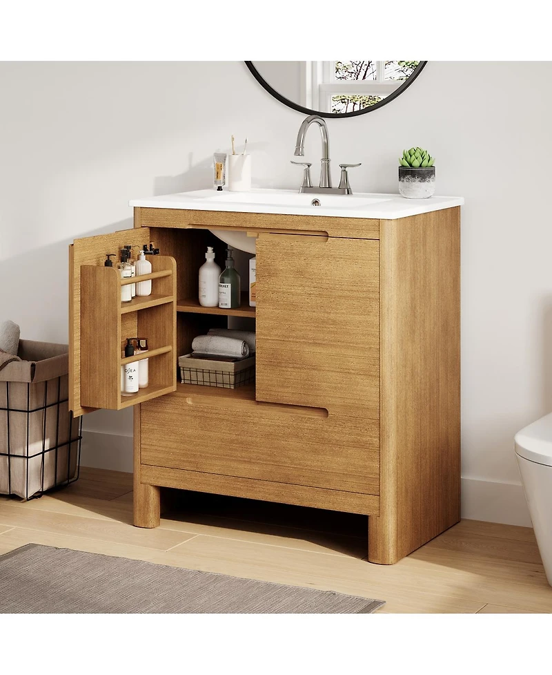 Sillysis 30" Modern Bathroom Vanity with Ceramic Sink, Soft Close Doors, Spacious Storage Drawer, Natural Freestanding Cabinet