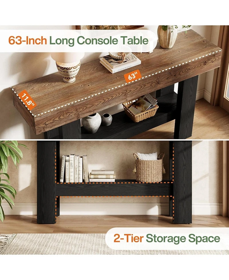 Tribesigns 2-Tier Solid Wood Black Console Table for Entryway, Long Narrow Sofa Table Behind Couch