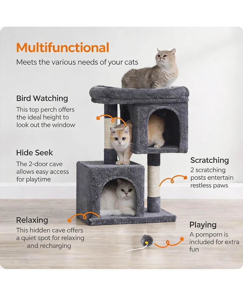 Aronkl 33.1-inch Cat Tree Tower with Large Perch 2 Caves Scratching Posts Sturdy Stable
