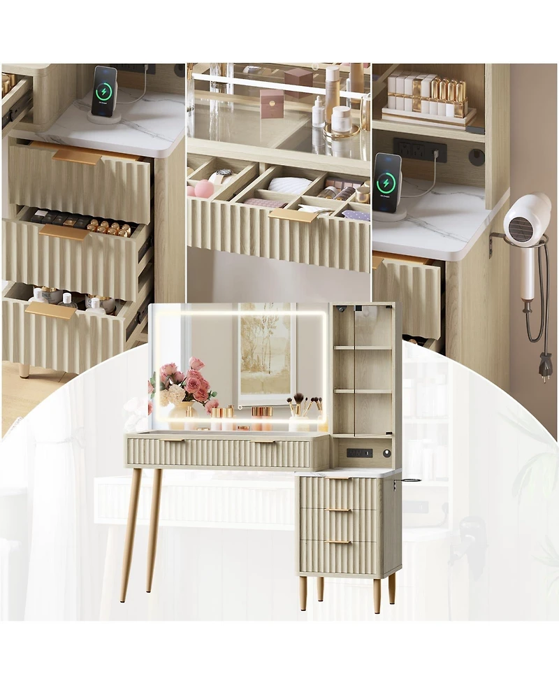 gaomon Modern Fluted Wood Makeup Vanity Desk with Glass Top, 5 Drawers and Charging Station