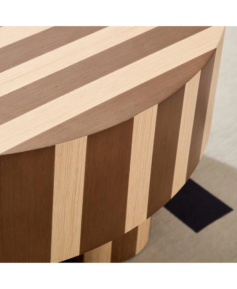 Boyel Living Round Wood Coffee Table with Oak Veneer, Striped Finish for Living Room Accent