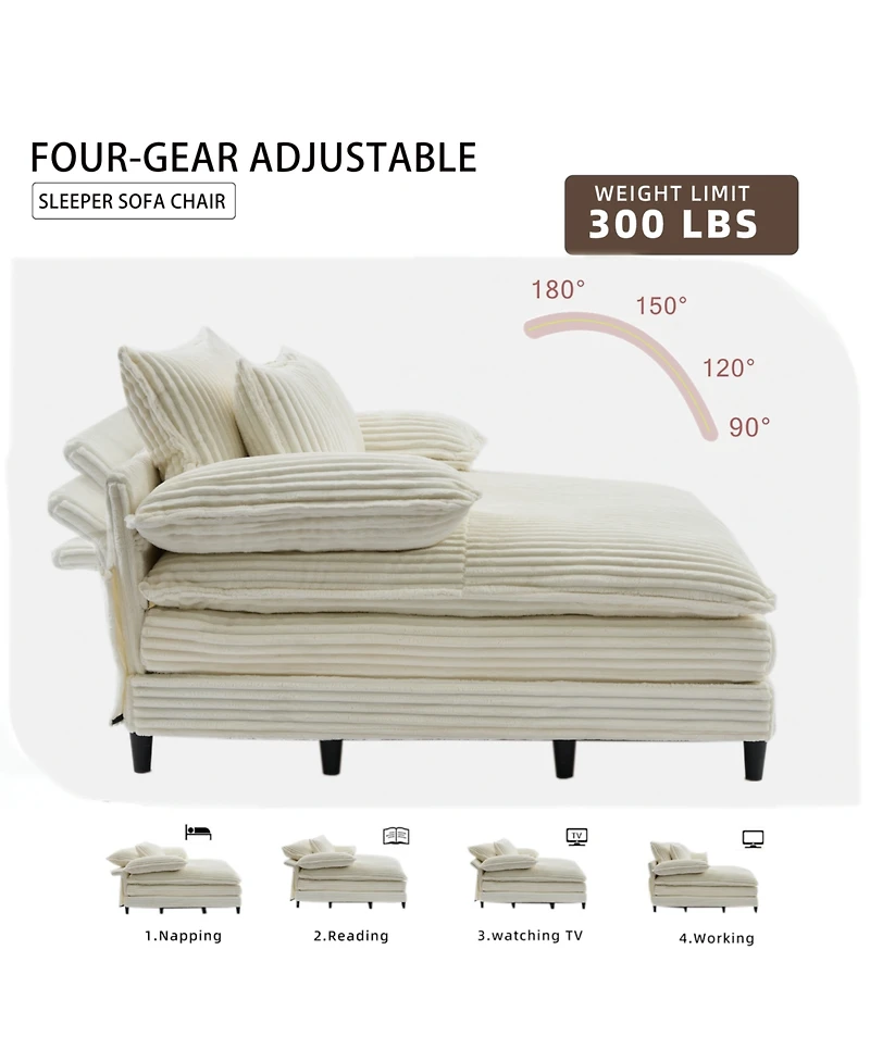 Streamdale Furniture Oversized Corduroy Chaise Lounge Sofa Bed with Pillows