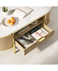 gaomon Oval Coffee Table with Fluted Design & Faux Marble Top