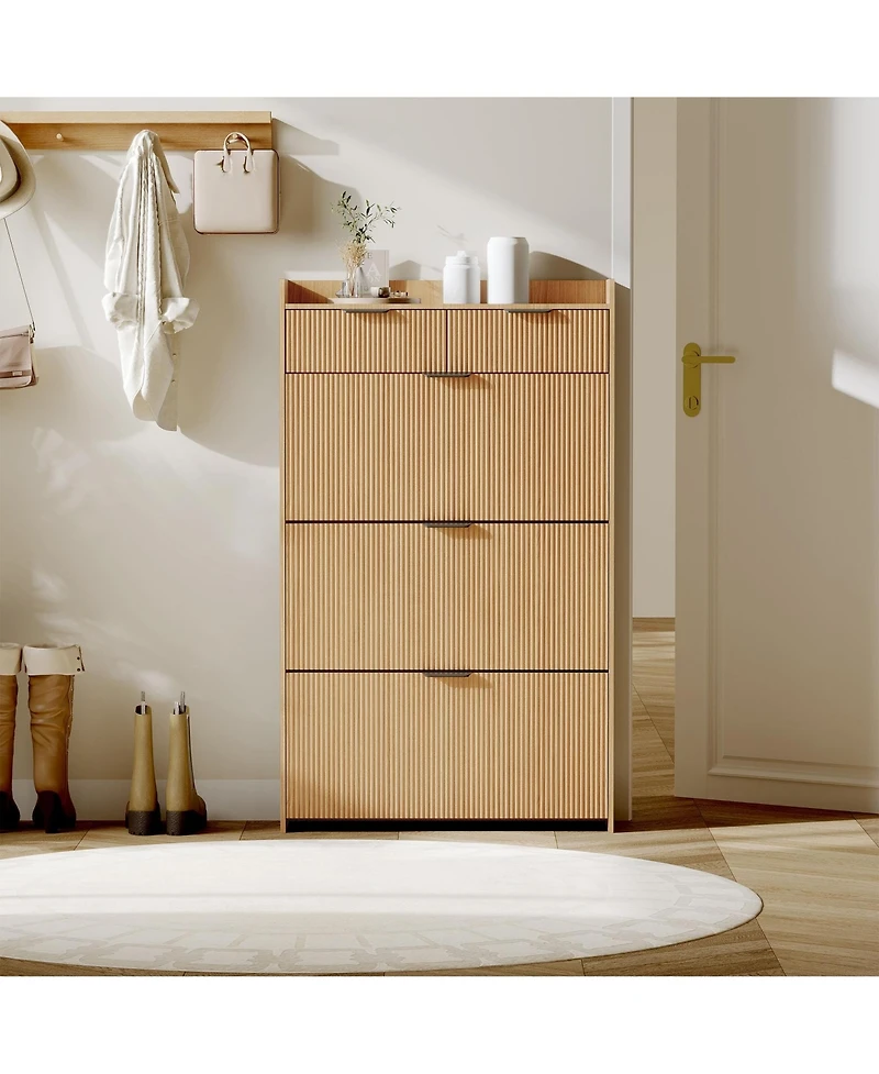 Homfan Modern Natural Shoe Cabinet with 3 Flip Drawers & 2 Small Drawers & Hook, Slim Fluted Shoe Storage Organizer, Narrow Entryway Cabinet