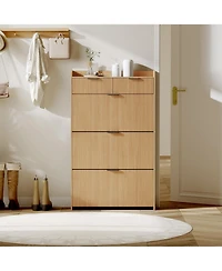 Homfan Modern Natural Shoe Cabinet with 3 Flip Drawers & 2 Small Drawers & Hook, Slim Fluted Shoe Storage Organizer, Narrow Entryway Cabinet