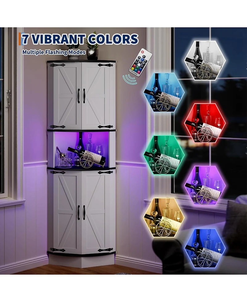 gaomon 64.6" Farmhouse Corner Cabinet with Led Light, Tall Bathroom Cabinet with 4 Barn Doors and 5 Tier Shelves, Freestanding Corner Bar Cabinet