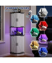 gaomon 64.6" Farmhouse Corner Cabinet with Led Light, Tall Bathroom Cabinet with 4 Barn Doors and 5 Tier Shelves, Freestanding Corner Bar Cabinet