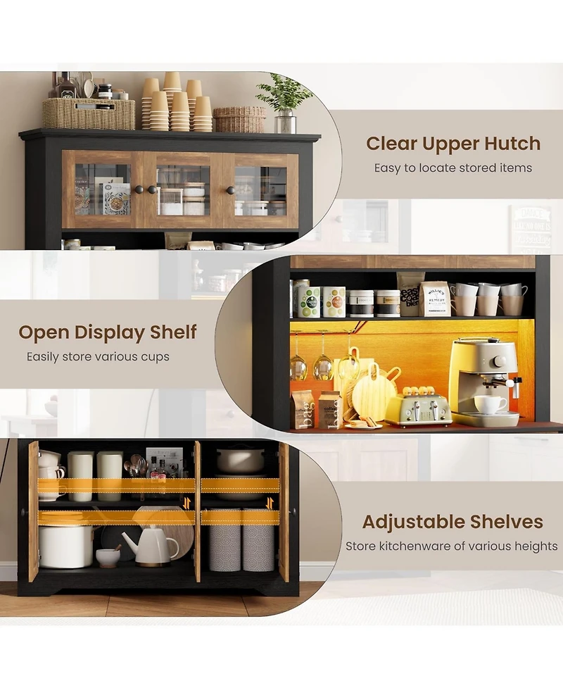 gaomon 68.7" Coffee Bar Cabinet with Led Light & Power Outlet, Farmhouse Kitchen Hutch 2 Storage Drawers, Wine Glass Rack, Adjustable Shelve