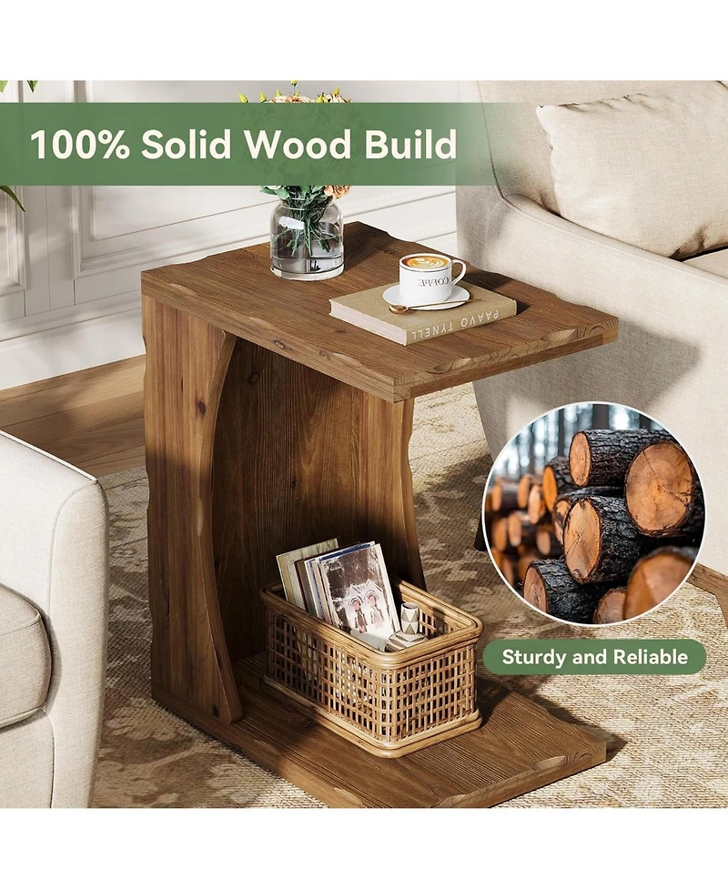 Tribesigns C-Shaped End Table for Living Room, Solid Wood Narrow Skinny Side Table, Farmhouse Bedside Nightstand