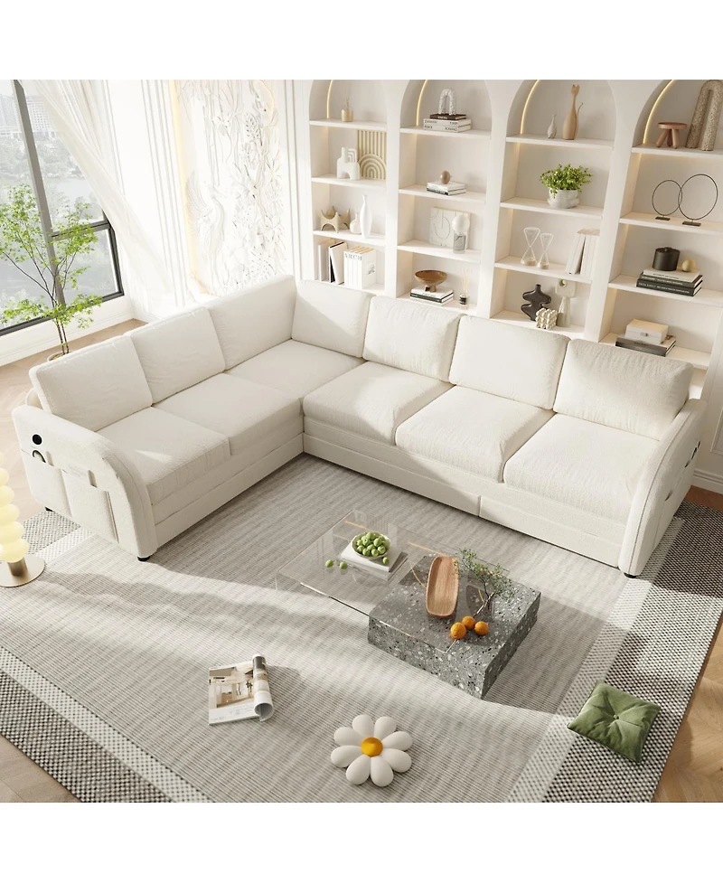 Streamdale Furniture Streamdale L-Shaped Sofa Couch with Pull-Out Bed & Usb Port, Teddy Upholstered Sectional
