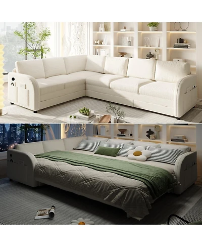 Streamdale Furniture Streamdale L-Shaped Sofa Couch with Pull-Out Bed & Usb Port, Teddy Upholstered Sectional