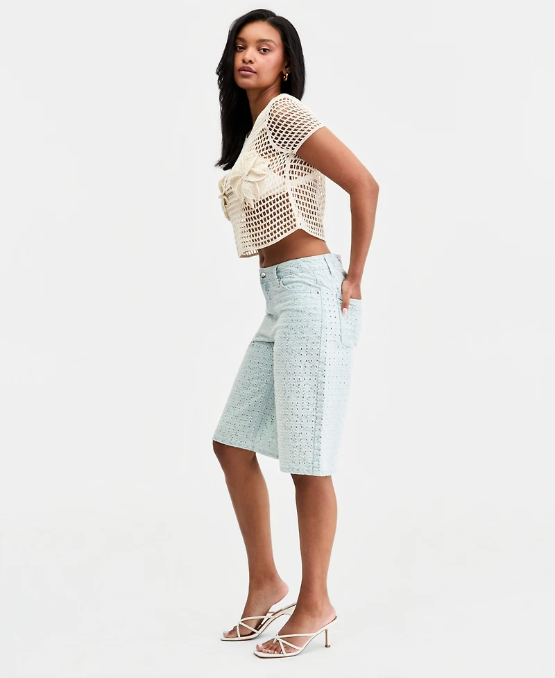 Bar Iii Women's Sequin Destructed Denim Bermuda Shorts, Macy's Exclusive