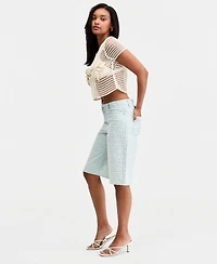 Bar Iii Women's Sequin Destructed Denim Bermuda Shorts, Macy's Exclusive