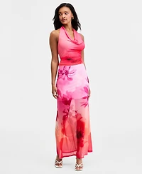 Bar Iii Women's Floral-Print Mesh Cowl-Neck Halter Top, Macy's Exclusive