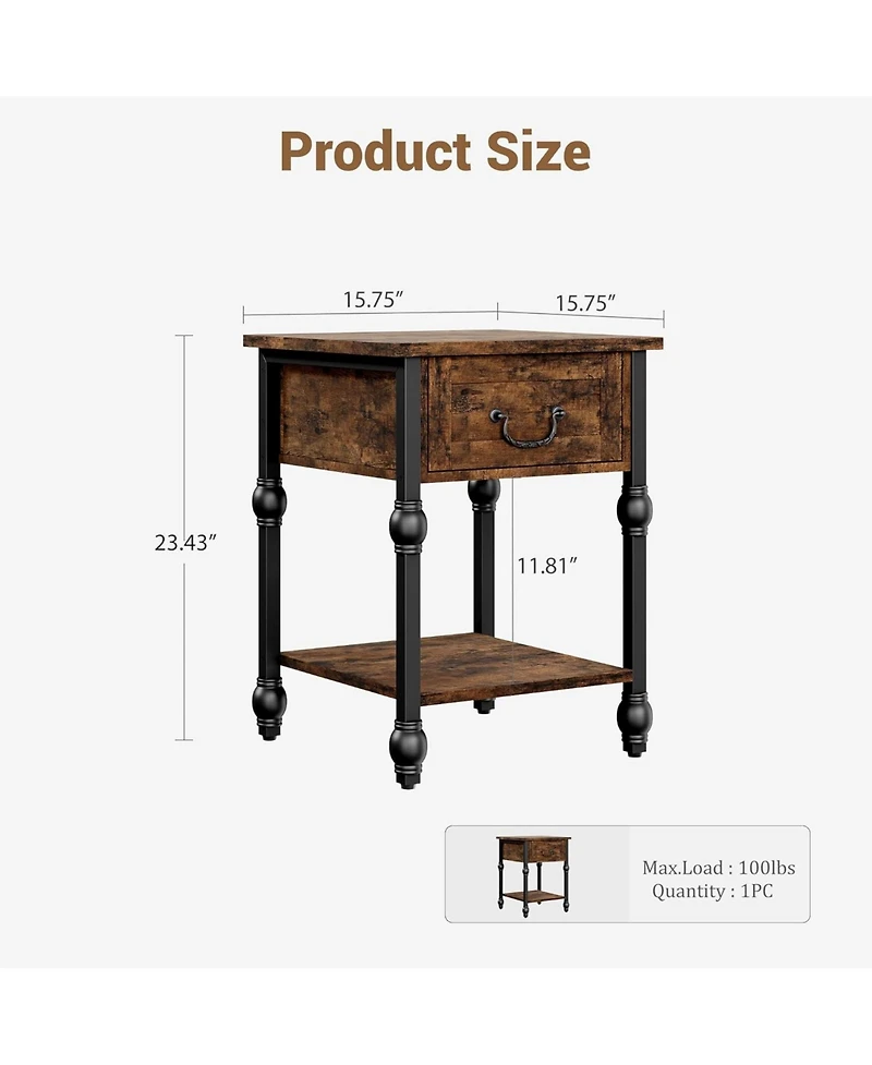 gaomon Set of 2 Industrial End Tables with Wooden Top, Drawer and Storage Shelf