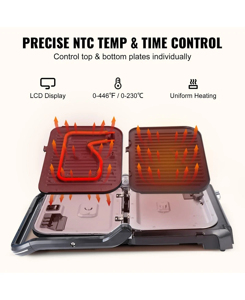 Ecooso 14.4 Inch 7-in-1 Commercial Electric Griddle, 1800W Countertop Grill with Adjustable Temperature Control