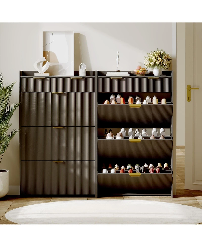 Homfan Modern Natural Shoe Cabinet with 3 Flip Drawers & 2 Small Hook, Slim Fluted Storage Organizer, Narrow Entryway