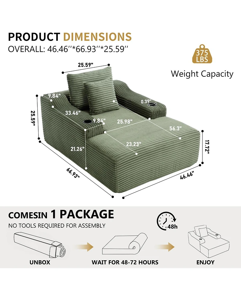Streamdale Furniture 67" Corduroy Oversized Sleeper Sofa with Wide Armrest, No Assembly Required