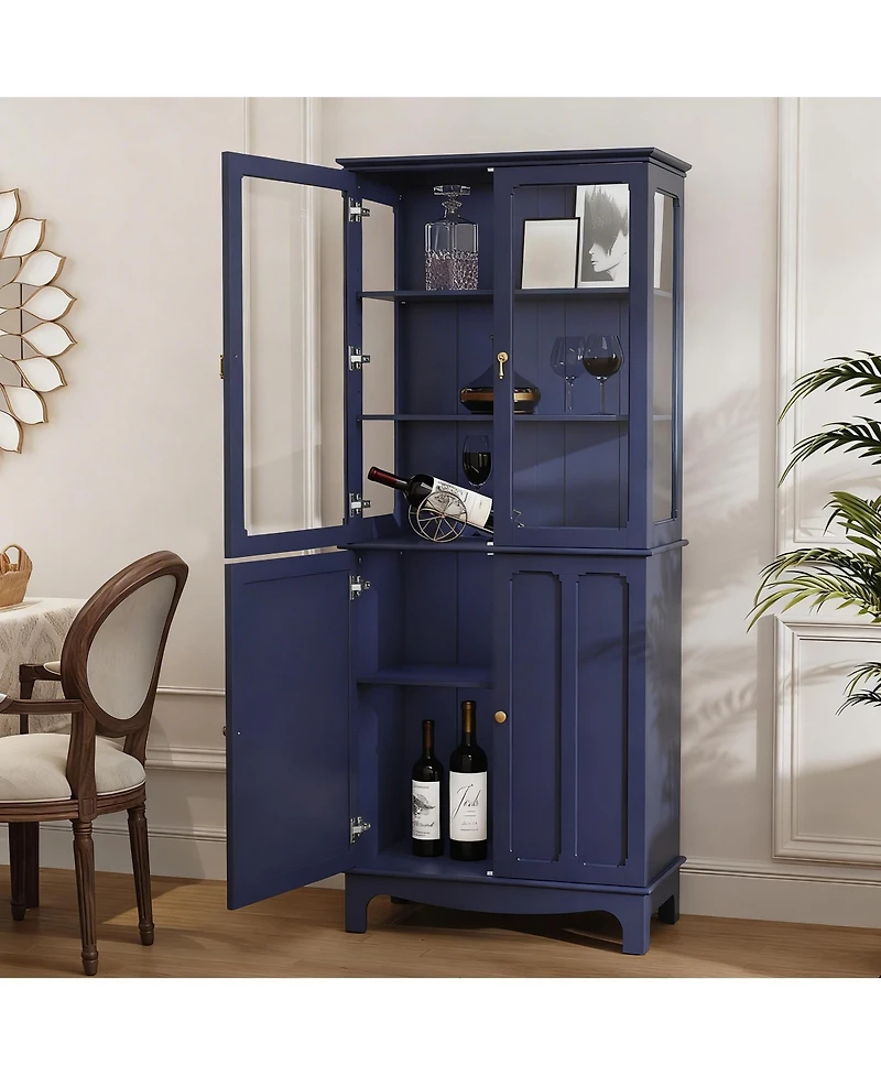 Yigii 72" Freestanding Kitchen Pantry Cabinet Glass Door Adjustable Shelves