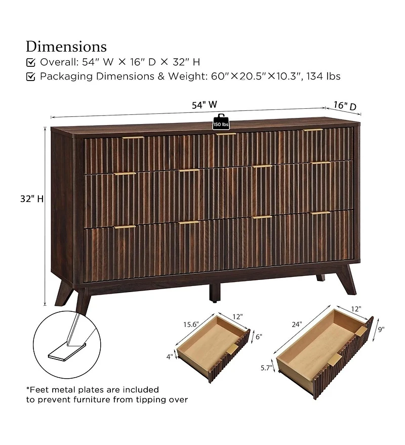 gaomon 54" Modern Fluted Wood 7-Drawer Dresser with Faux Marble Top, Walnut