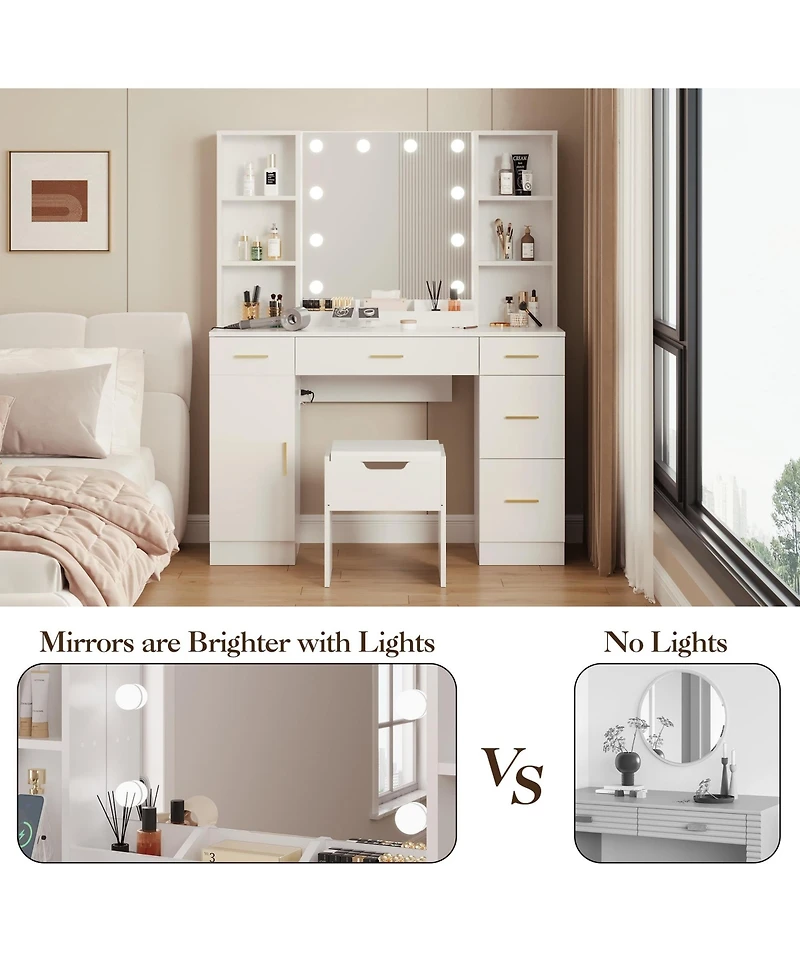 gaomon 56" Farmhouse Makeup Vanity Set with Lighted Mirror, Shelves and Charging Station