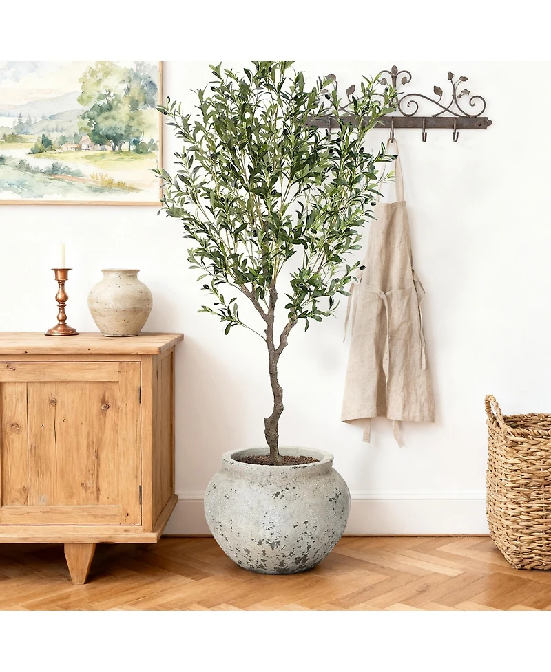 LuxenHome Rustic MgO Planter, 12" Tall x 15.75" Wide Stone-Look Pot for Indoor/Outdoor