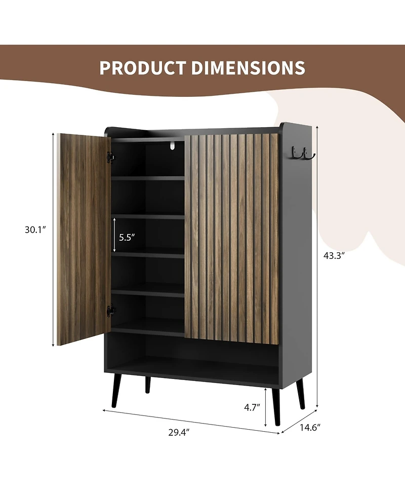 Homfan Large Shoe Cabinet with Doors，6-Tier Organizer 2 Doors & Additional Hooks for Hallway, Entryway, Living Room