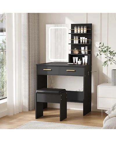 gaomon Makeup Vanity Set with Lighted Mirror, Chair, Drawers, Open Cabinet and Charging Station