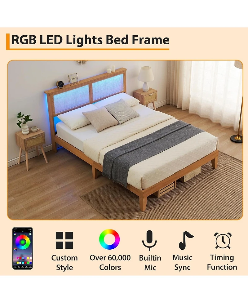 gaomon Full Bed Frame With Rattan Headboard and Led Lights Boho Platform Strong Wood Slats Noise Free No Box Spring