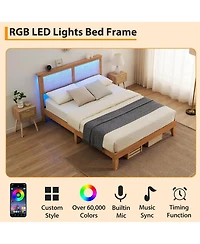 gaomon Full Bed Frame With Rattan Headboard and Led Lights Boho Platform Strong Wood Slats Noise Free No Box Spring