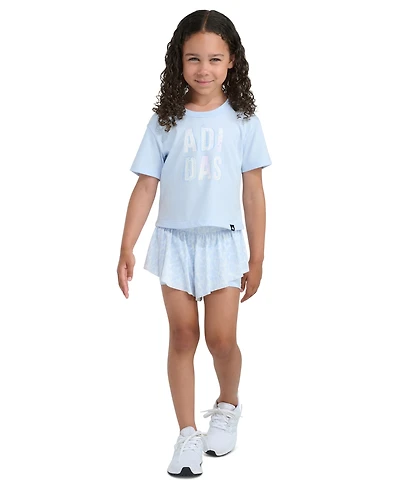 adidas Girls' 2T-6X Short-Sleeve Graphic T-Shirt and Printed Flowy Shorts, 2-Piece Set
