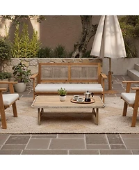 LuxenHome 47" Outdoor Coffee Table for Patio, Acacia Wood Patio Table with Woven Trim, Rectangular Outdoor Table for Patio, Balcony, and Porch