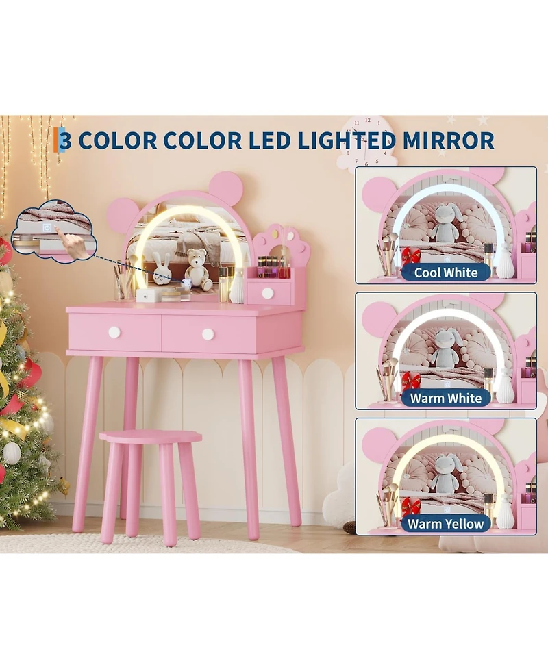 gaomon Kids Wooden Vanity Table and Chair Set with Touch Control Lighted Mirror and Drawers