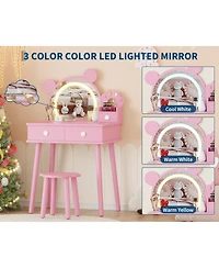 gaomon Kids Wooden Vanity Table and Chair Set with Touch Control Lighted Mirror and Drawers