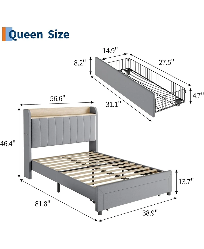 gaomon Bed Frame Upholstered With Storage Headboard Drawers Charging Platform Bed Wooden Slats