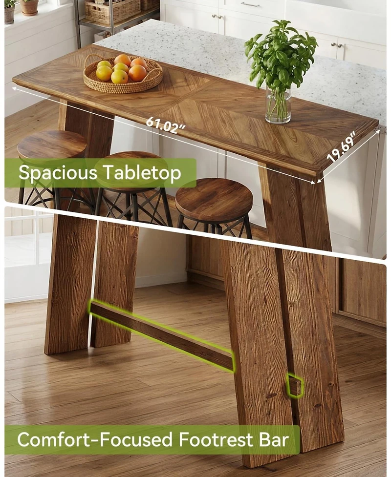 Tribesigns Solid Wood Bar Table, 61" Counter Height Table with Parquet Design Tabletop