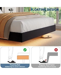 gaomon Floating Bed Frame with Led Lights, Velvet Upholstered Platform, Storage Headboard