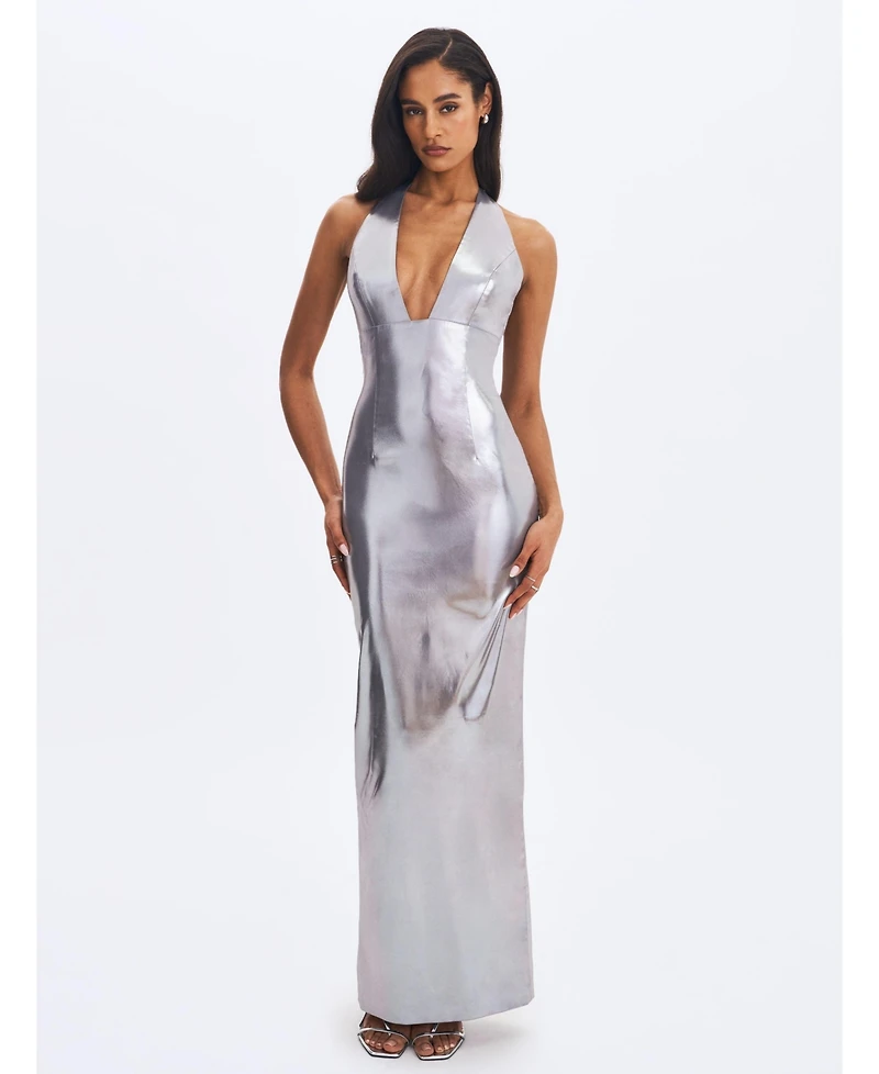 Miss Circle Women's Valeska Silver Foil Plunging Sheath Maxi Dress
