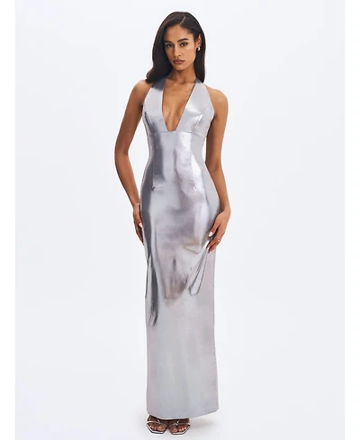 Miss Circle Women's Valeska Silver Foil Plunging Sheath Maxi Dress